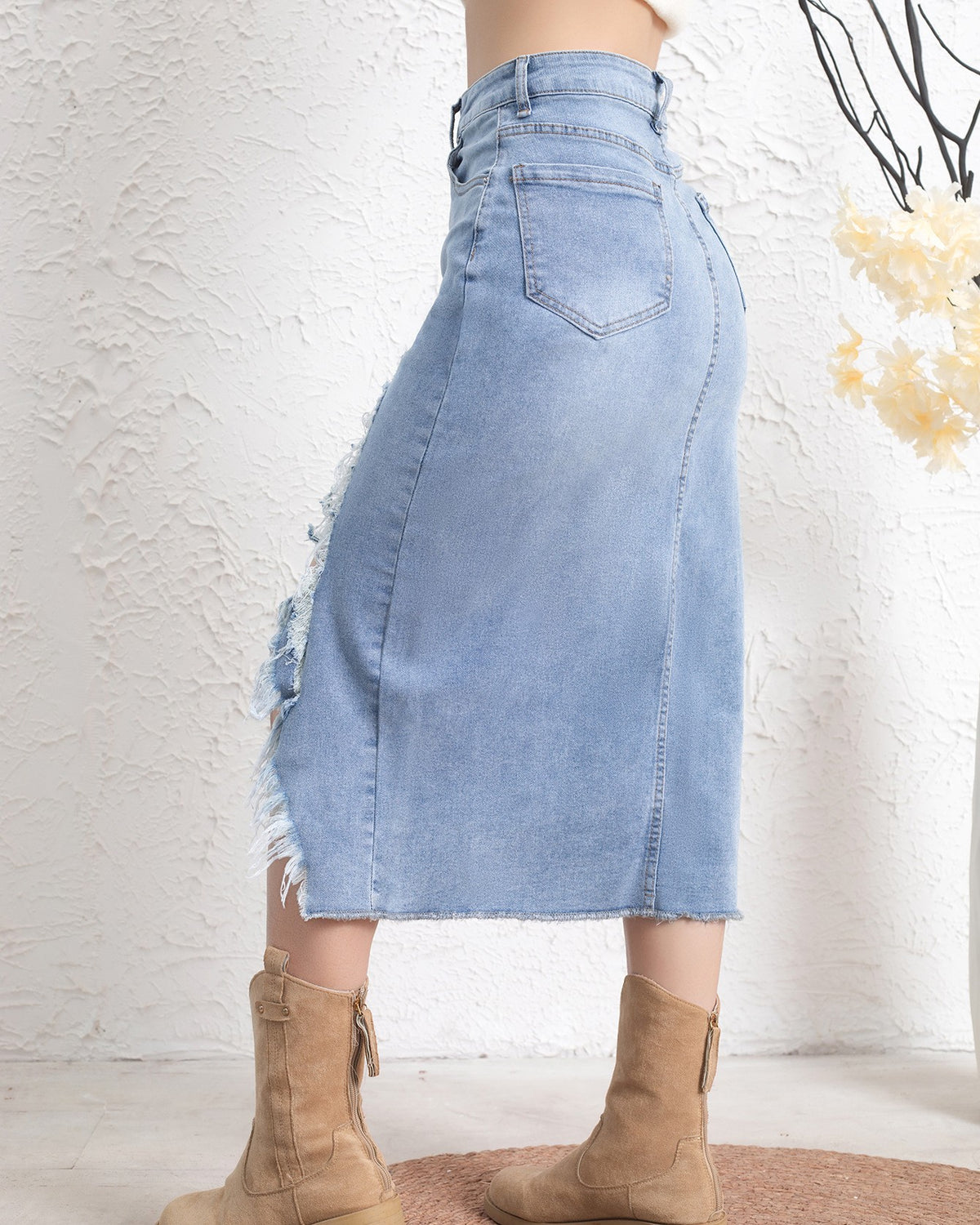 Distressed Denim Midi Skirt With Raw Hem - Blue - 2
