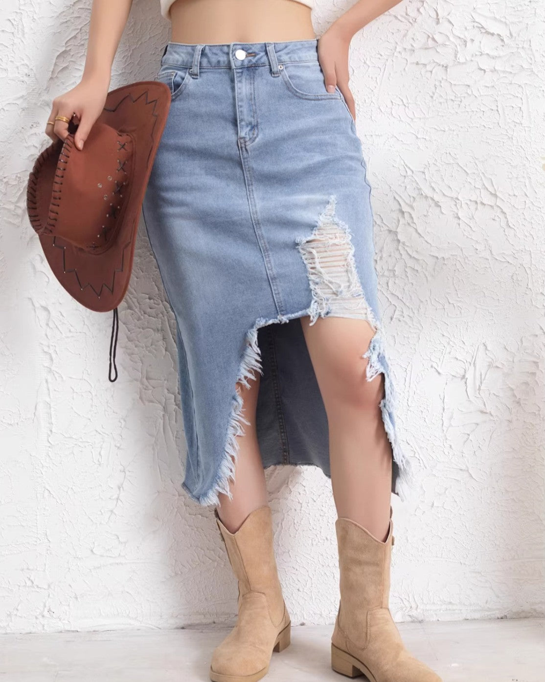 Distressed Denim Midi Skirt With Raw Hem - Blue - 3