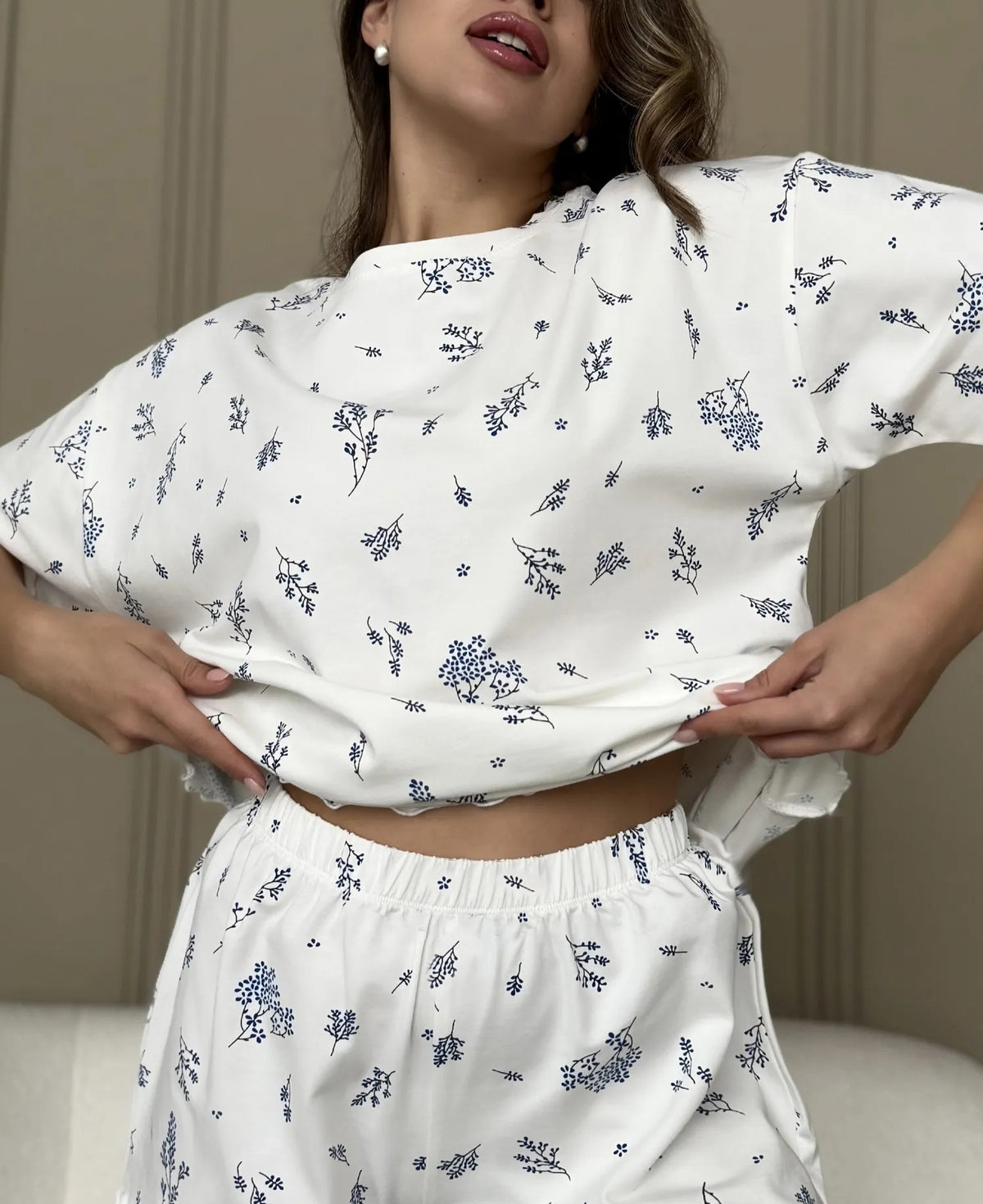 Ditsy Floral Ruffle Tee and Shorts Set - Blue