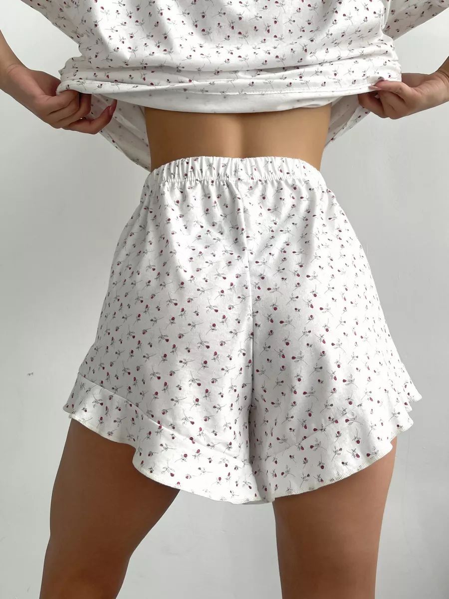 Ditsy Floral Ruffle Tee and Shorts Set - White - 1