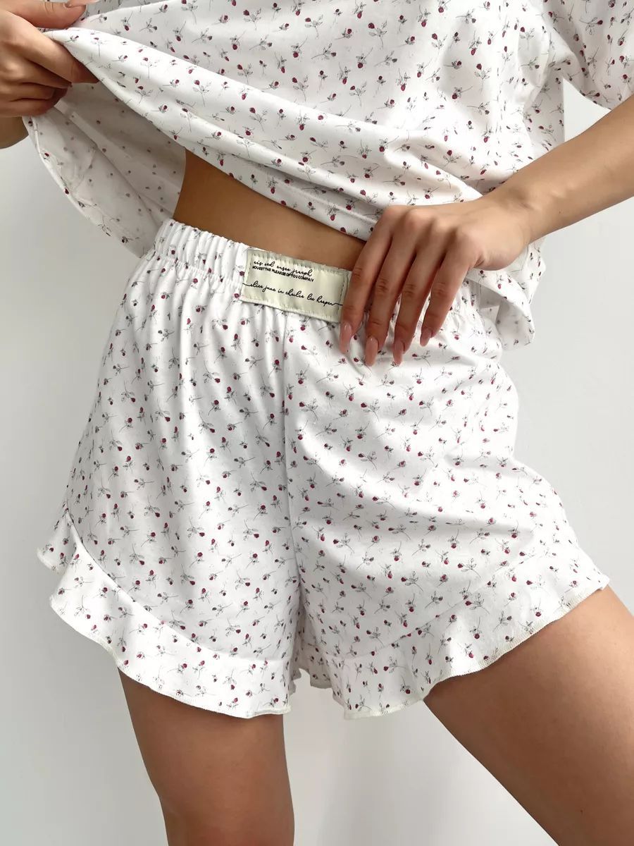 Ditsy Floral Ruffle Tee and Shorts Set - White - 2