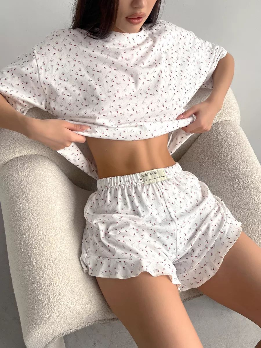 Ditsy Floral Ruffle Tee and Shorts Set - White - 5
