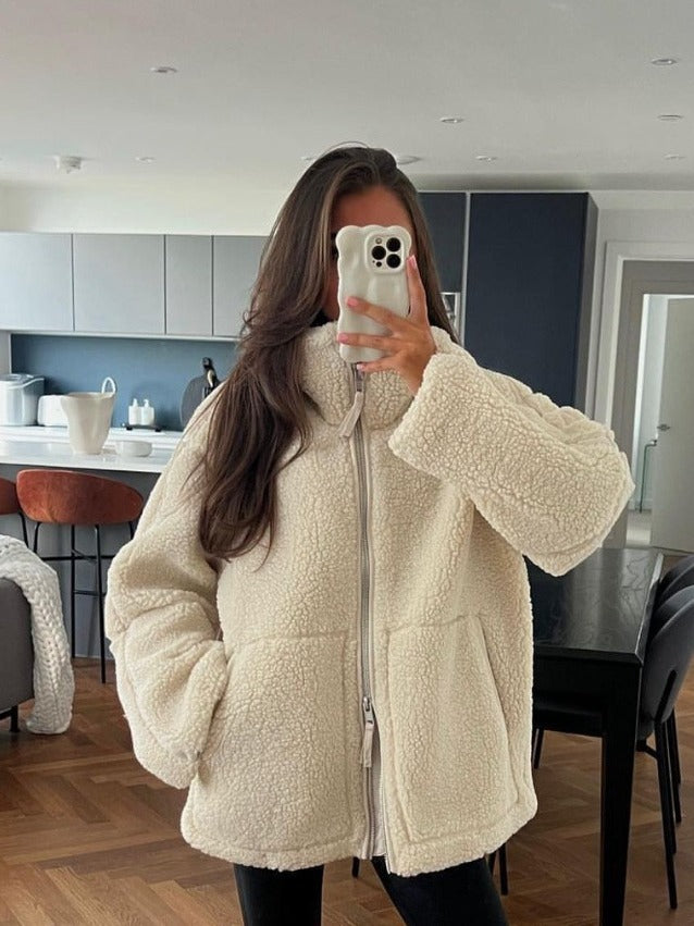 Oversized Sherpa Fleece Funnel Neck Jacket - Beige