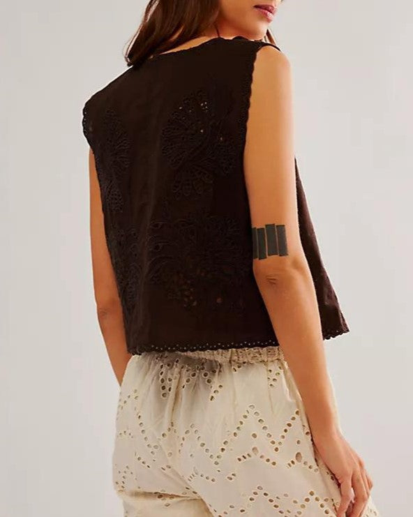 Broderie Eyelet Bow Front Tank Top - Black - 1