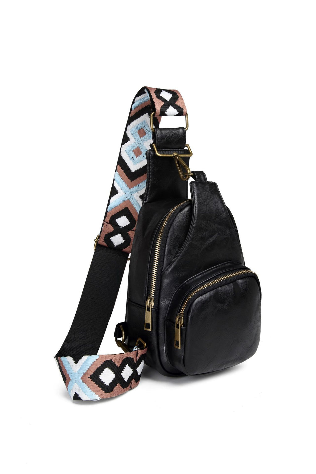 Zip Front Sling Bag With Chevron Strap - Black
