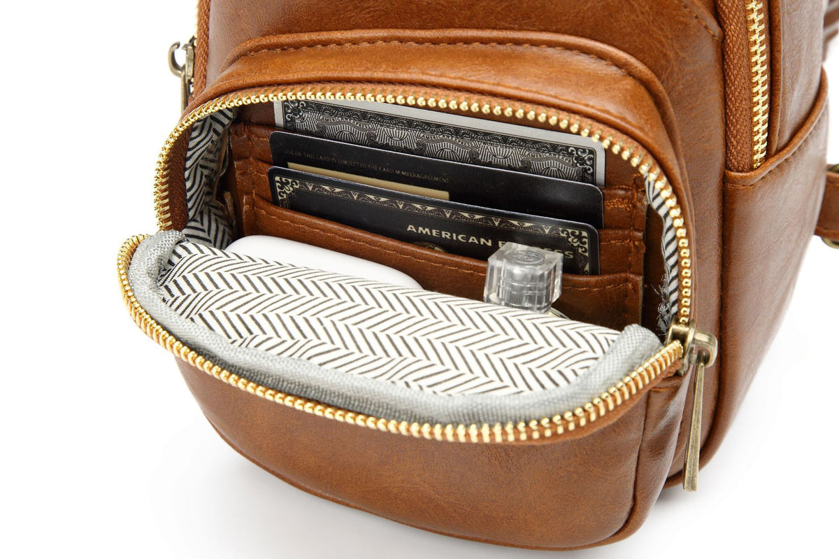 Zip Front Sling Bag With Chevron Strap - Brown - 11
