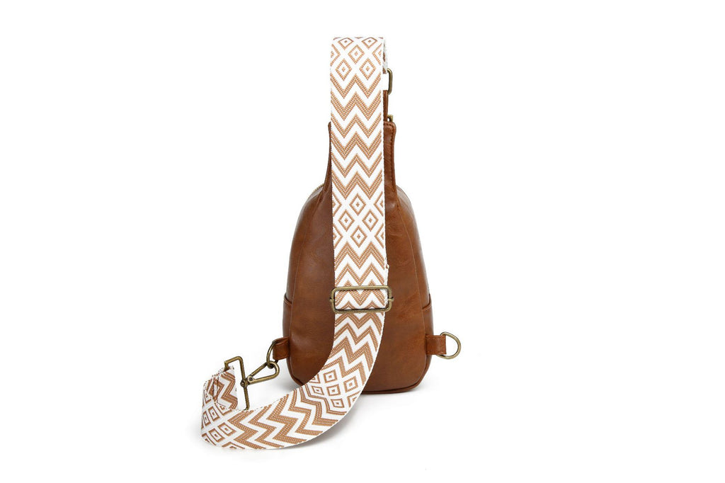 Zip Front Sling Bag With Chevron Strap - Brown - 12