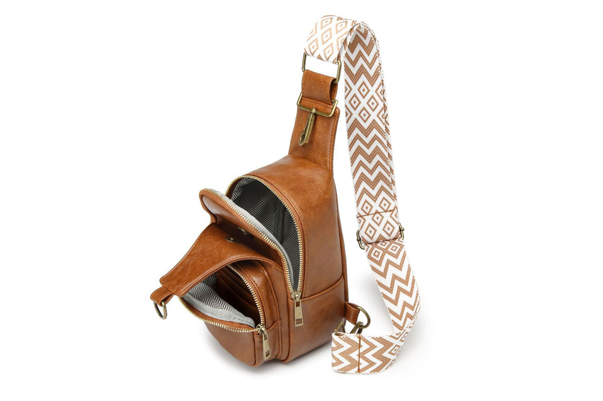 Zip Front Sling Bag With Chevron Strap - Brown - 2