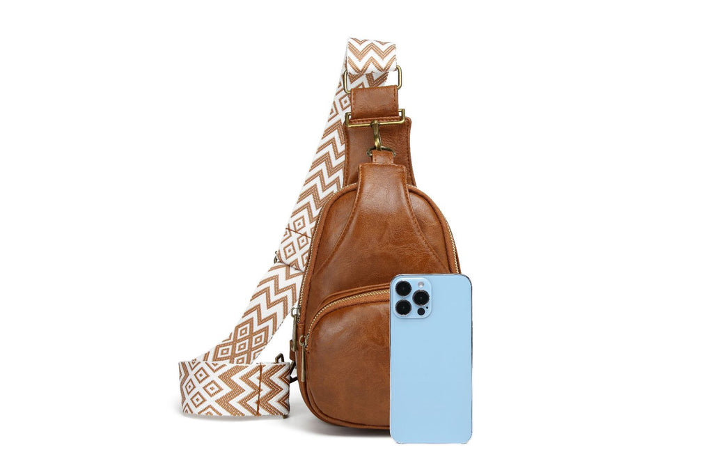 Zip Front Sling Bag With Chevron Strap - Brown - 3