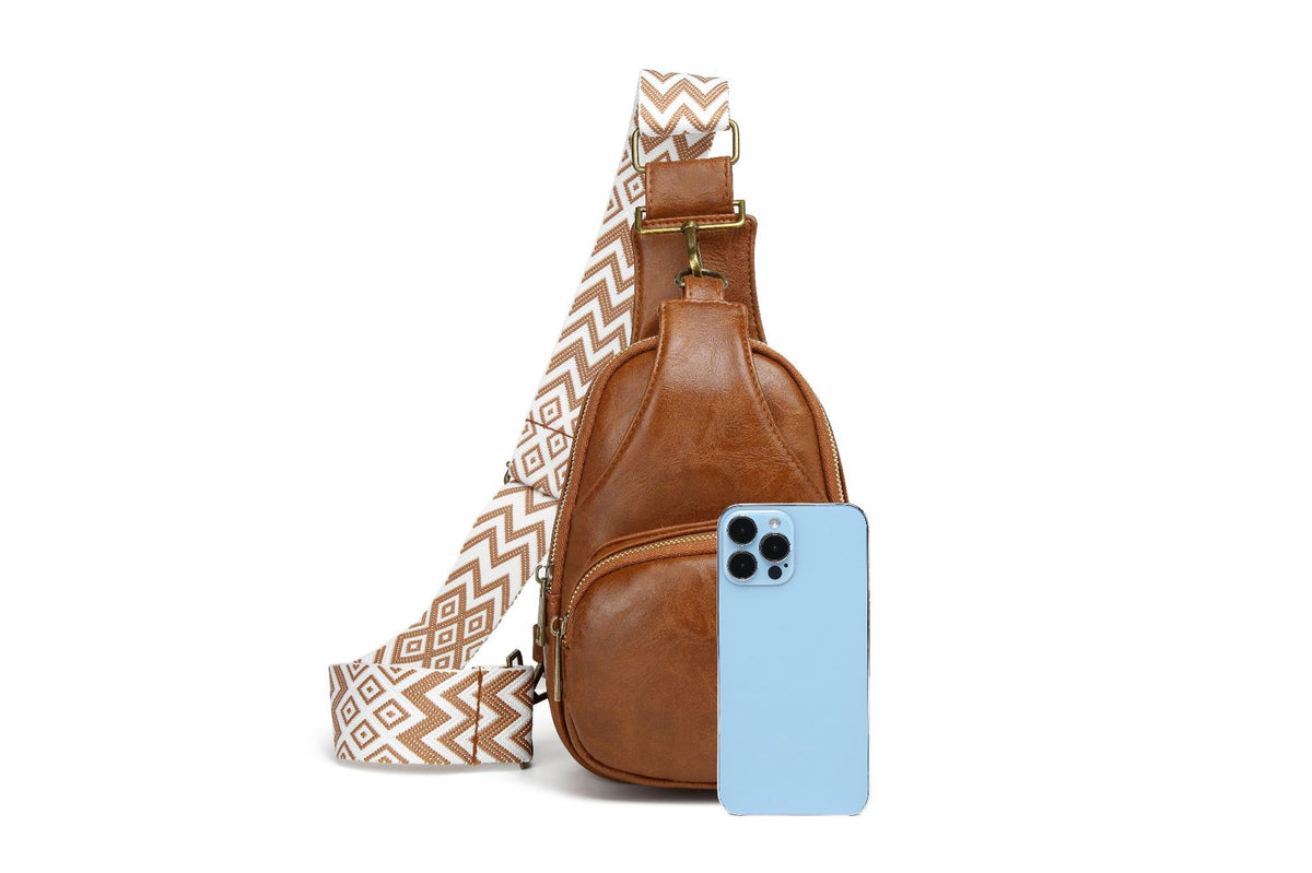 Zip Front Sling Bag With Chevron Strap - Brown - 3