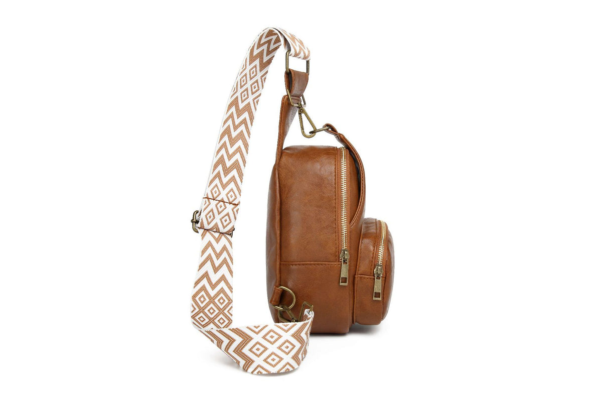 Zip Front Sling Bag With Chevron Strap - Brown - 6