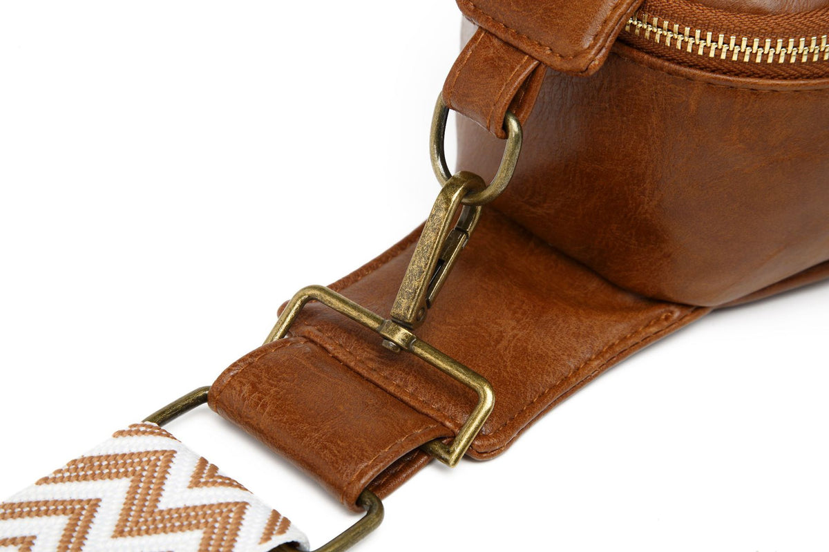 Zip Front Sling Bag With Chevron Strap - Brown - 9