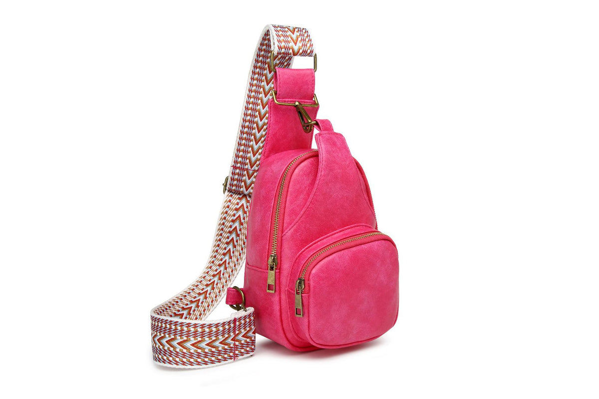 Zip Front Sling Bag With Chevron Strap - Hot_pink