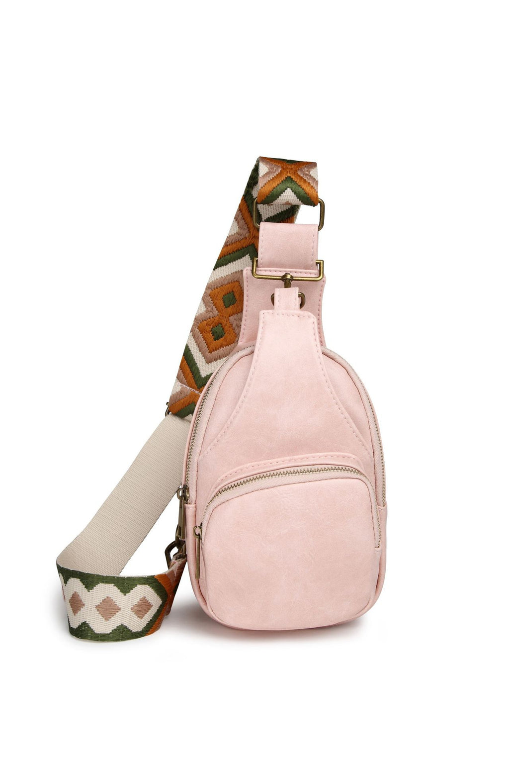 Zip Front Sling Bag With Chevron Strap - Pink