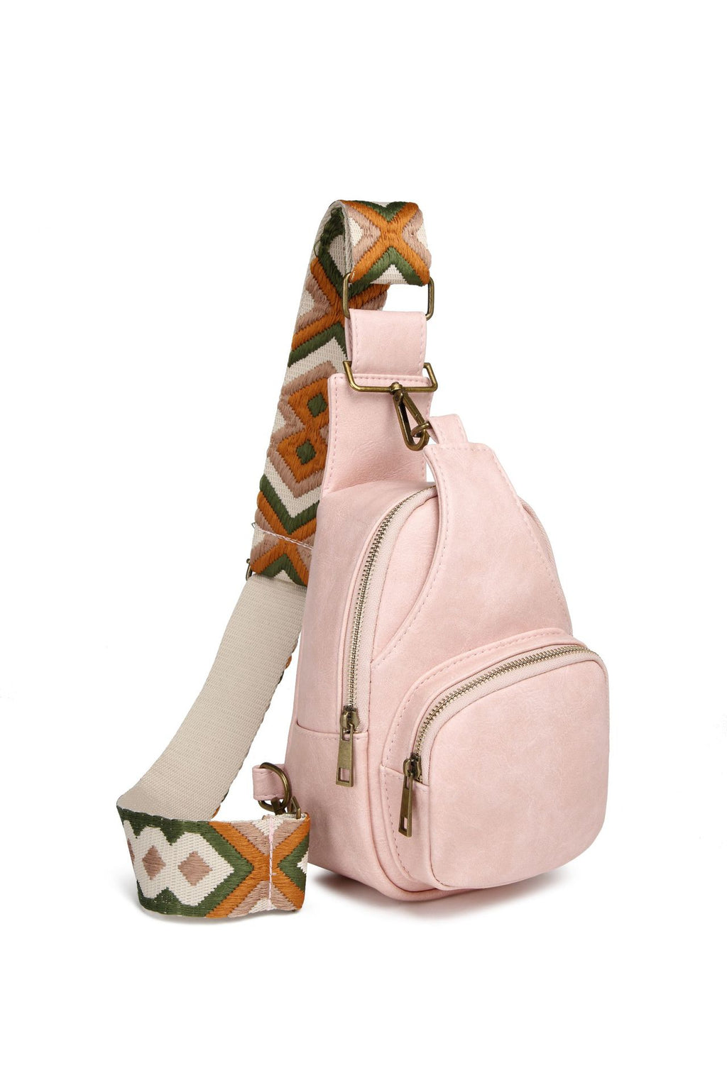 Zip Front Sling Bag With Chevron Strap - Pink - 1
