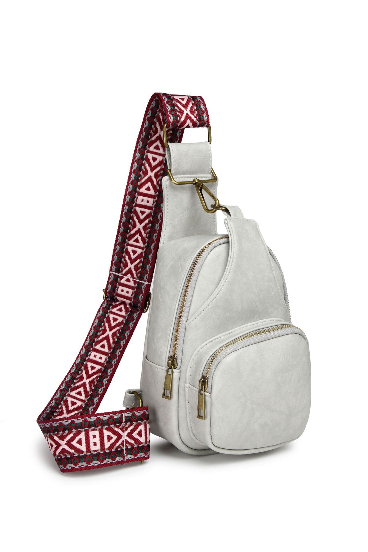 Zip Front Sling Bag With Chevron Strap - grey