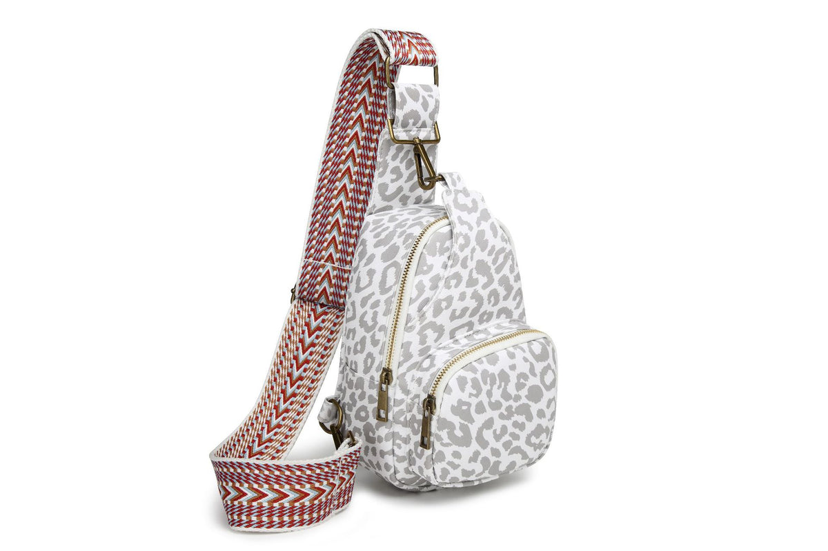 Zip Front Sling Bag With Chevron Strap - leopard