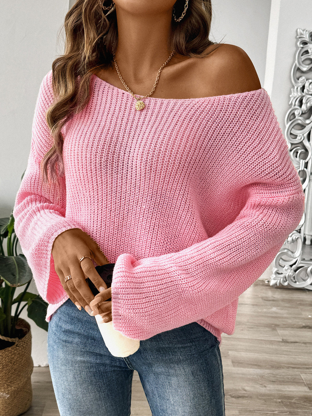 Ribbed Boat Neck Balloon Sleeve Jumper - Pink