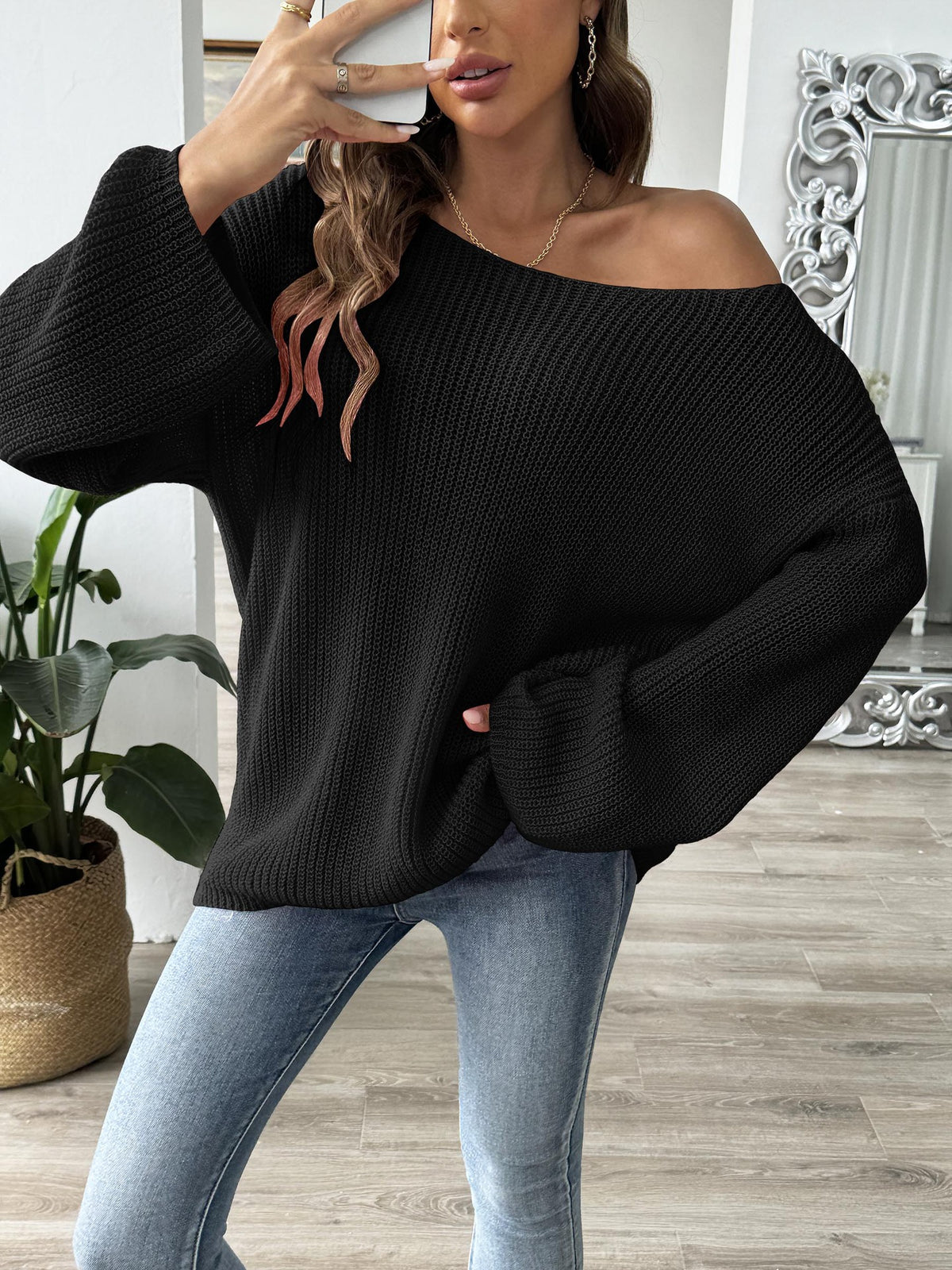 Ribbed Boat Neck Balloon Sleeve Jumper - black