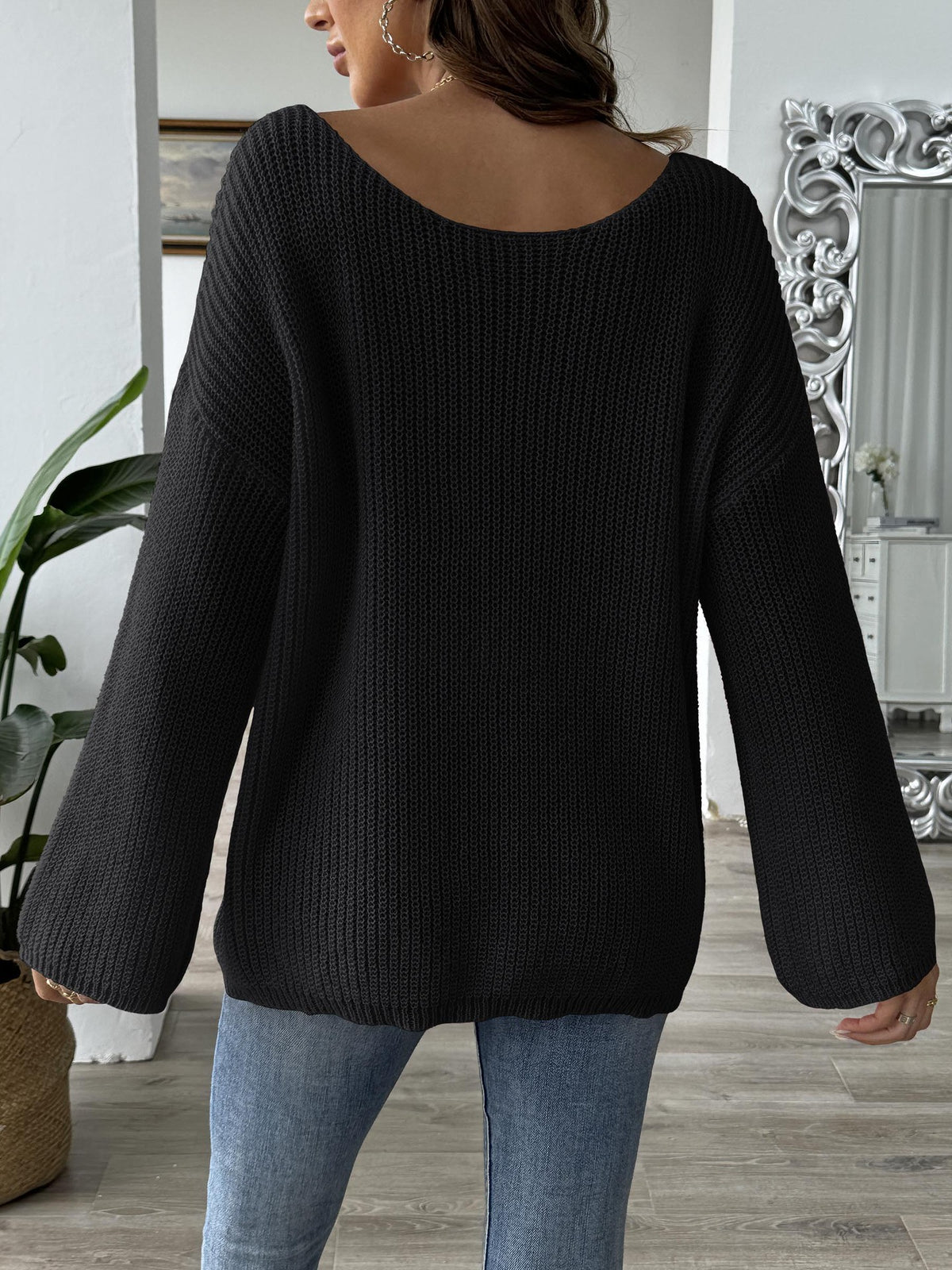 Ribbed Boat Neck Balloon Sleeve Jumper - black - 1