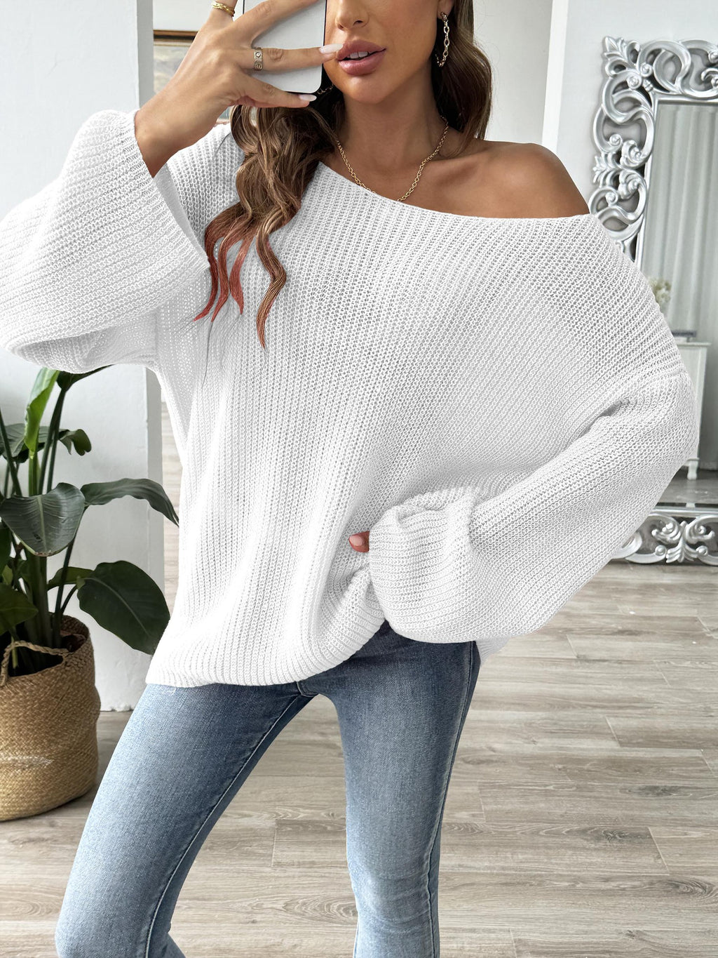 Ribbed Boat Neck Balloon Sleeve Jumper - white - 3