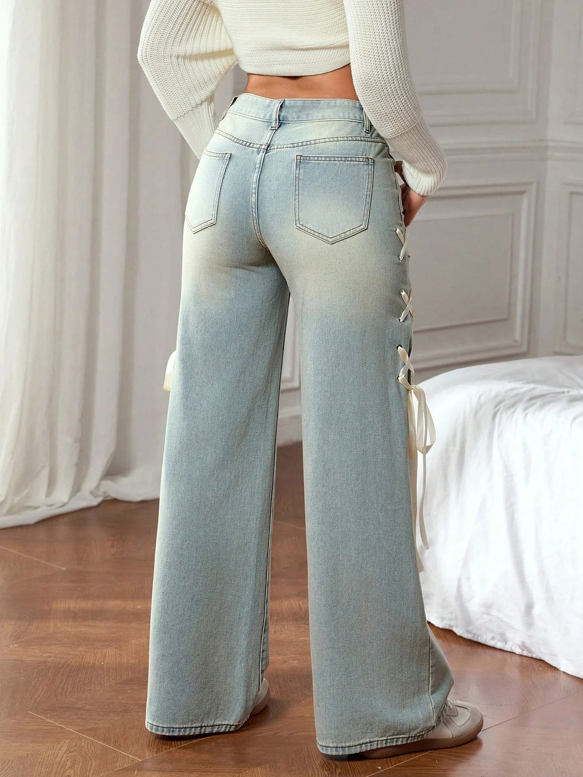 Coquette Lace Up Bow Wide Leg Jeans - Blue - 1