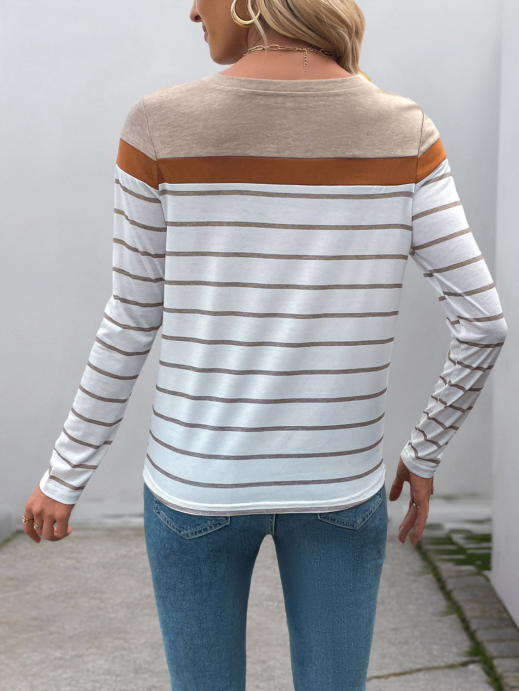 Striped Long Sleeve Top With Colour Block Yoke - Khaki - 4