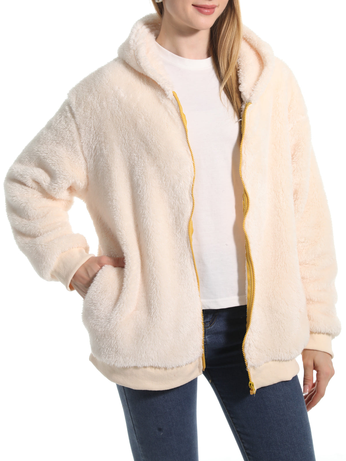 Cozy Teddy Plush Zip Hooded Jacket - Beige