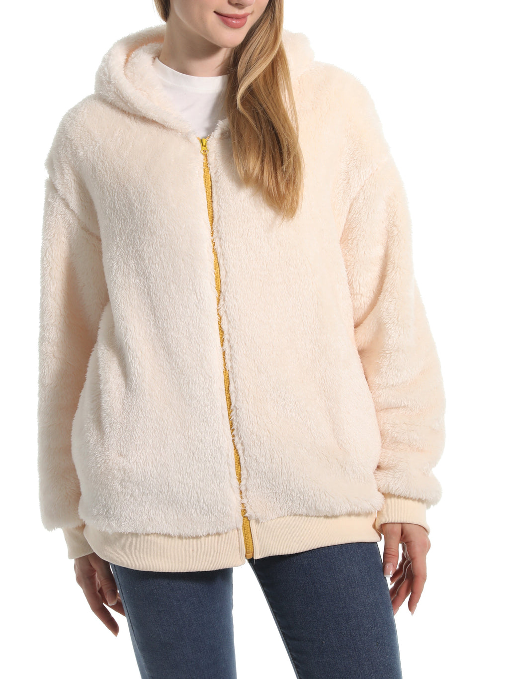 Cozy Teddy Plush Zip Hooded Jacket - Beige - 1