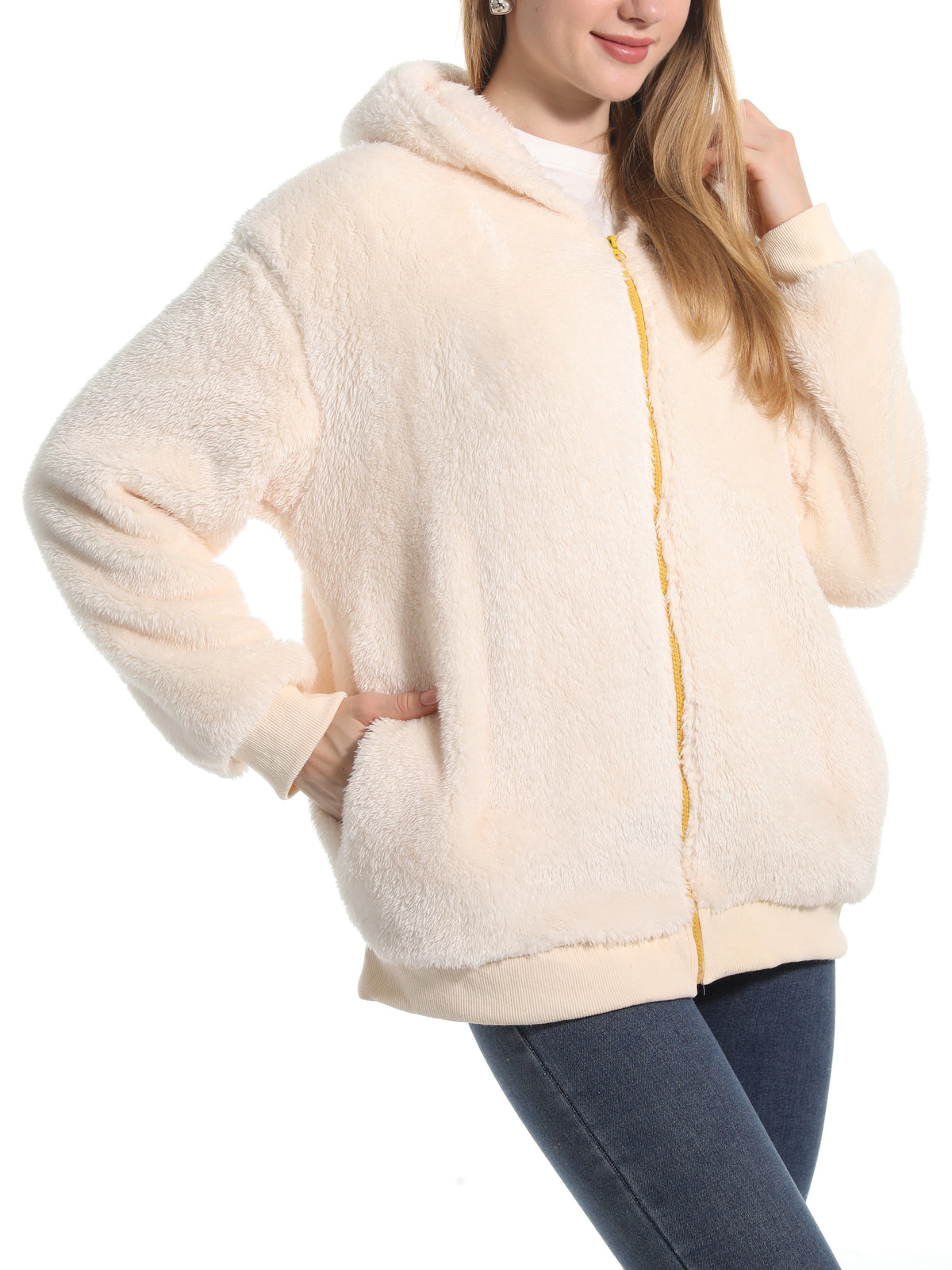 Cozy Teddy Plush Zip Hooded Jacket - Beige - 3