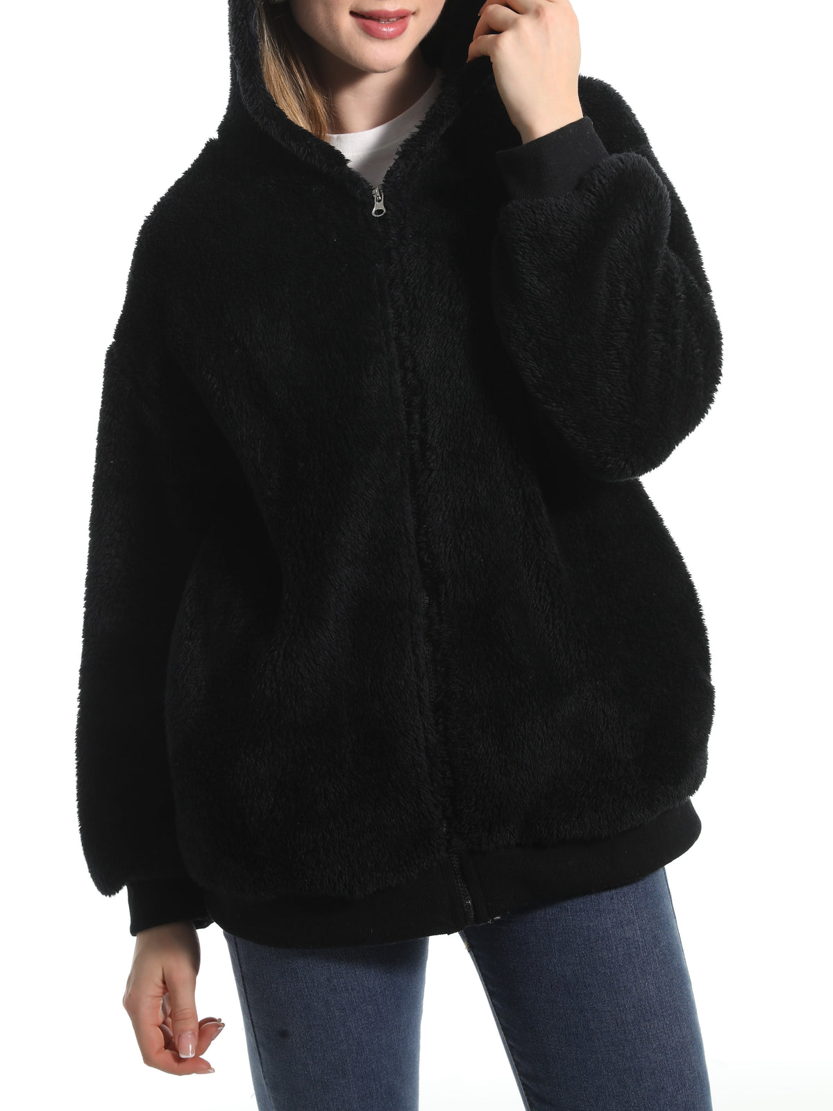Cozy Teddy Plush Zip Hooded Jacket - Black - 2