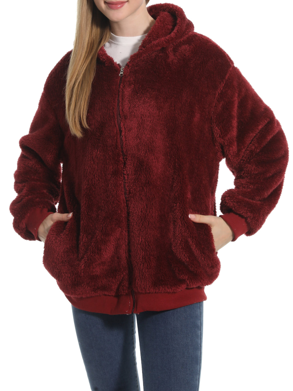 Cozy Teddy Plush Zip Hooded Jacket - Burgundy - 3