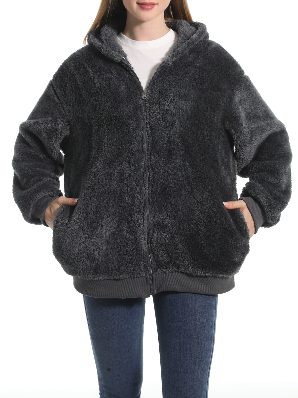 Cozy Teddy Plush Zip Hooded Jacket - Charcoal