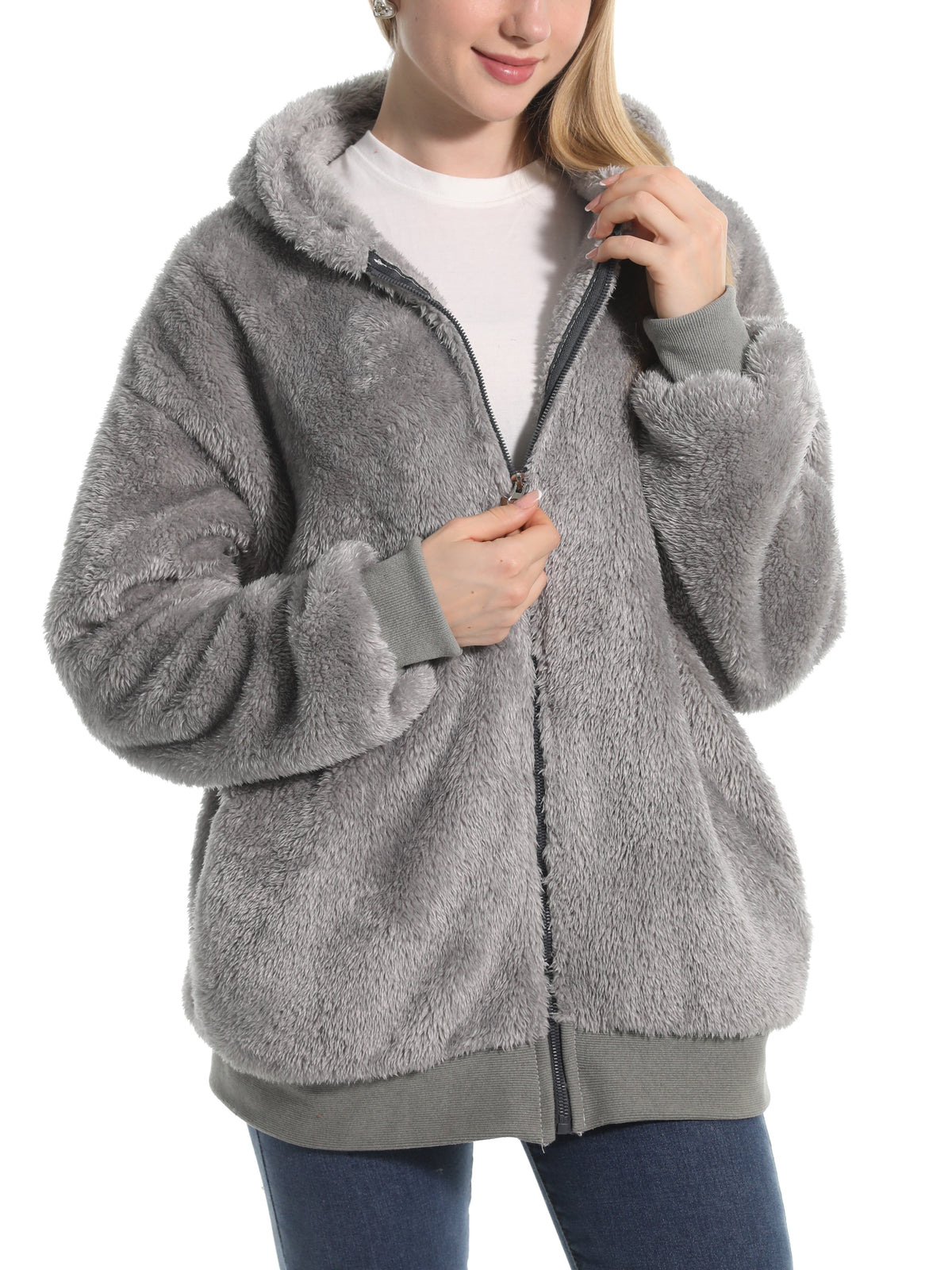 Cozy Teddy Plush Zip Hooded Jacket - Gray