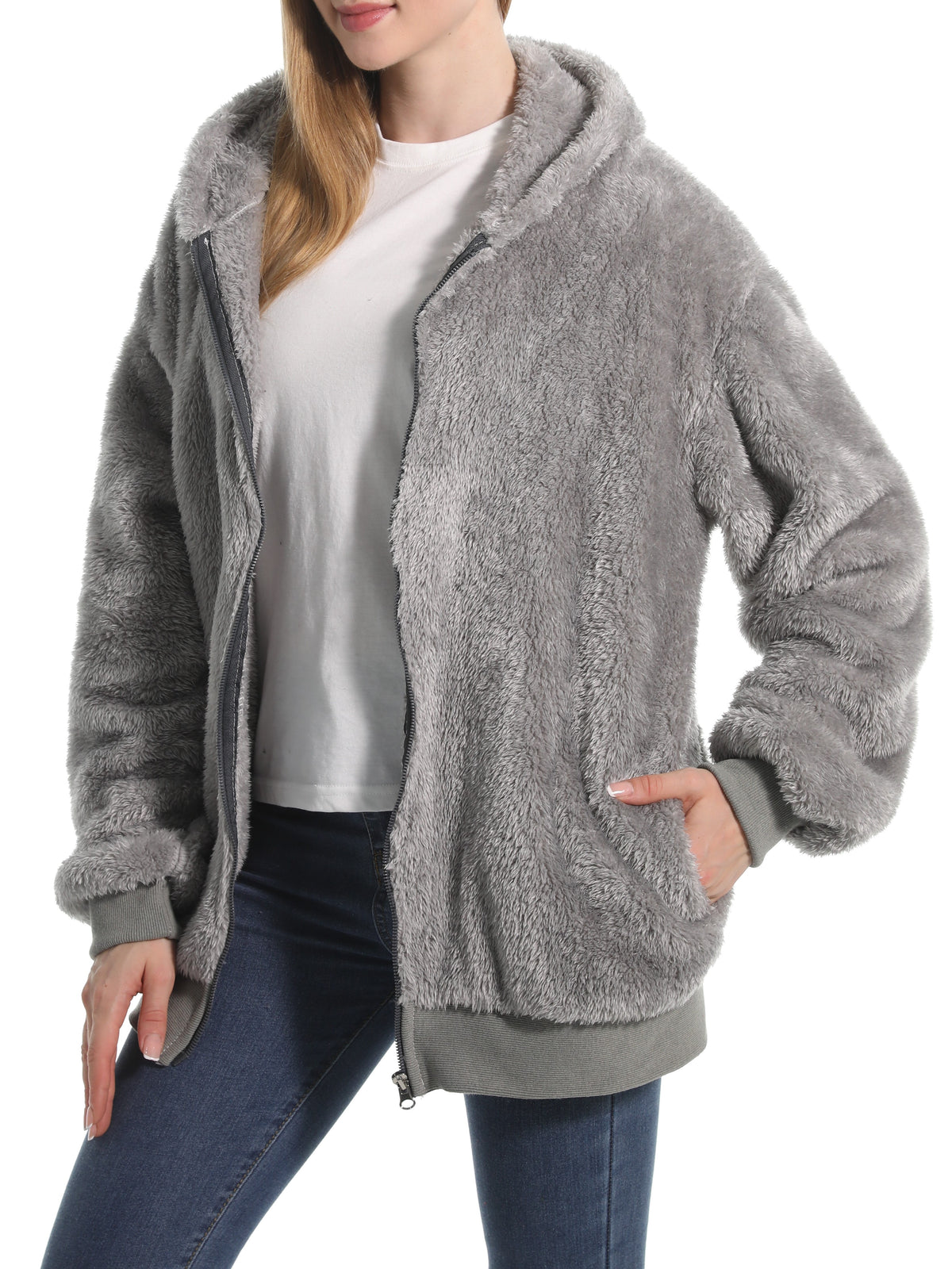 Cozy Teddy Plush Zip Hooded Jacket - Gray - 1