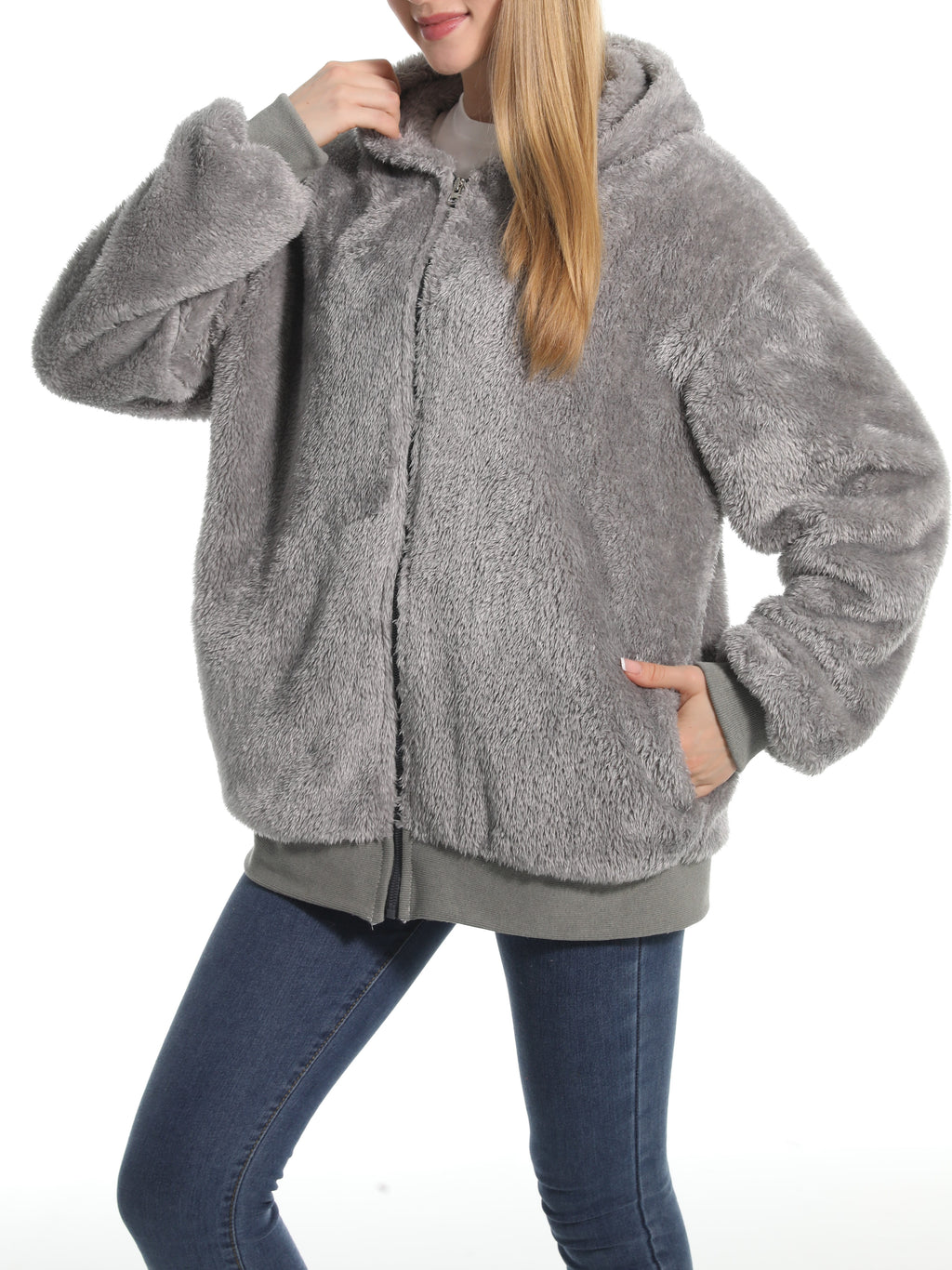 Cozy Teddy Plush Zip Hooded Jacket - Gray - 3