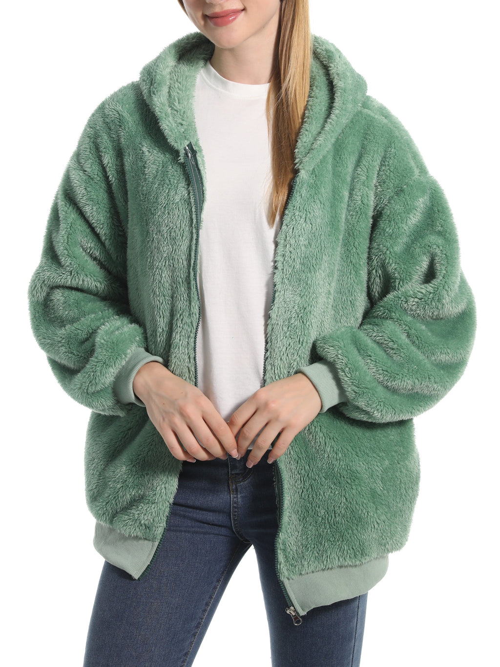 Cozy Teddy Plush Zip Hooded Jacket - Green - 1