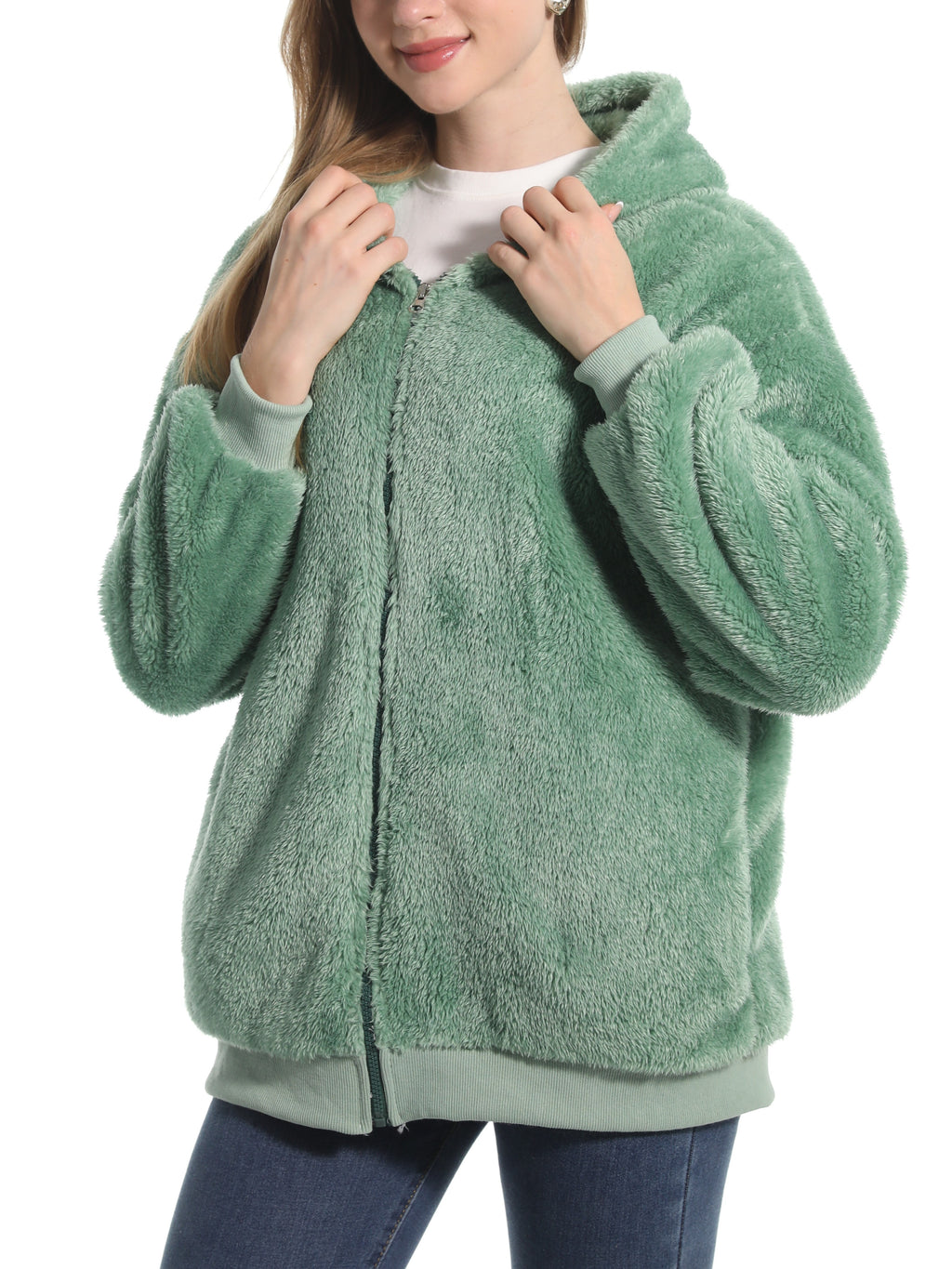 Cozy Teddy Plush Zip Hooded Jacket - Green - 2