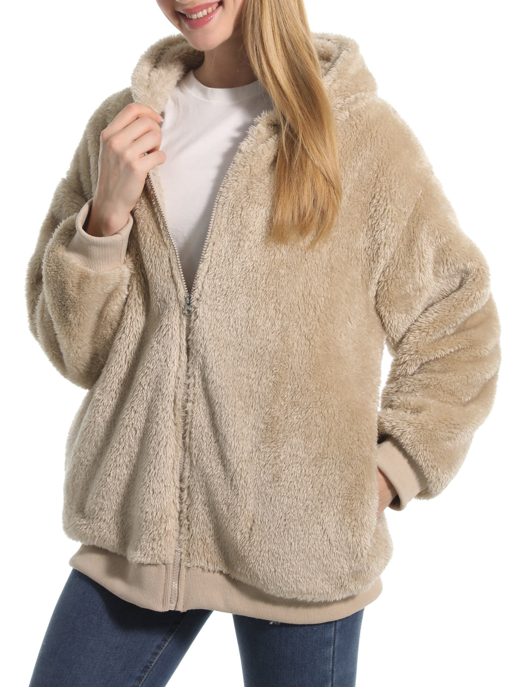 Cozy Teddy Plush Zip Hooded Jacket - Khaki - 3