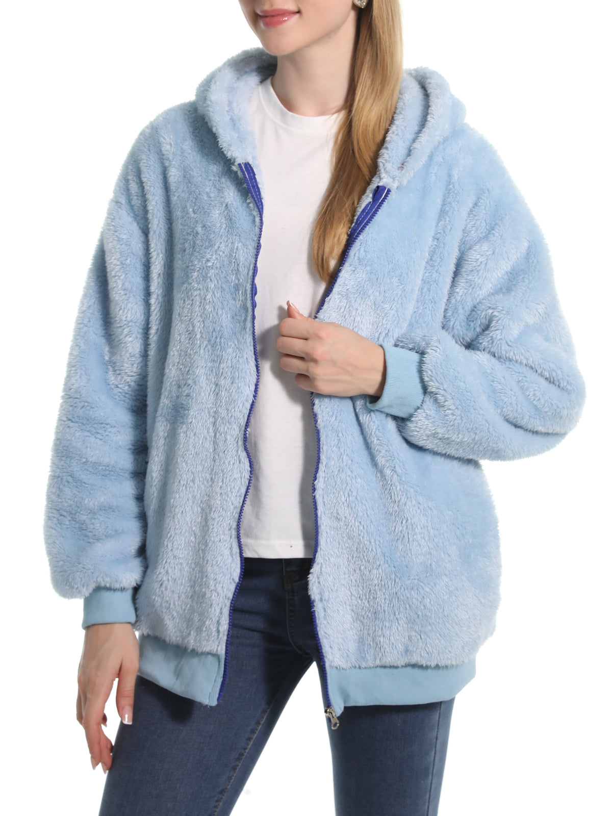 Cozy Teddy Plush Zip Hooded Jacket - Lightblue