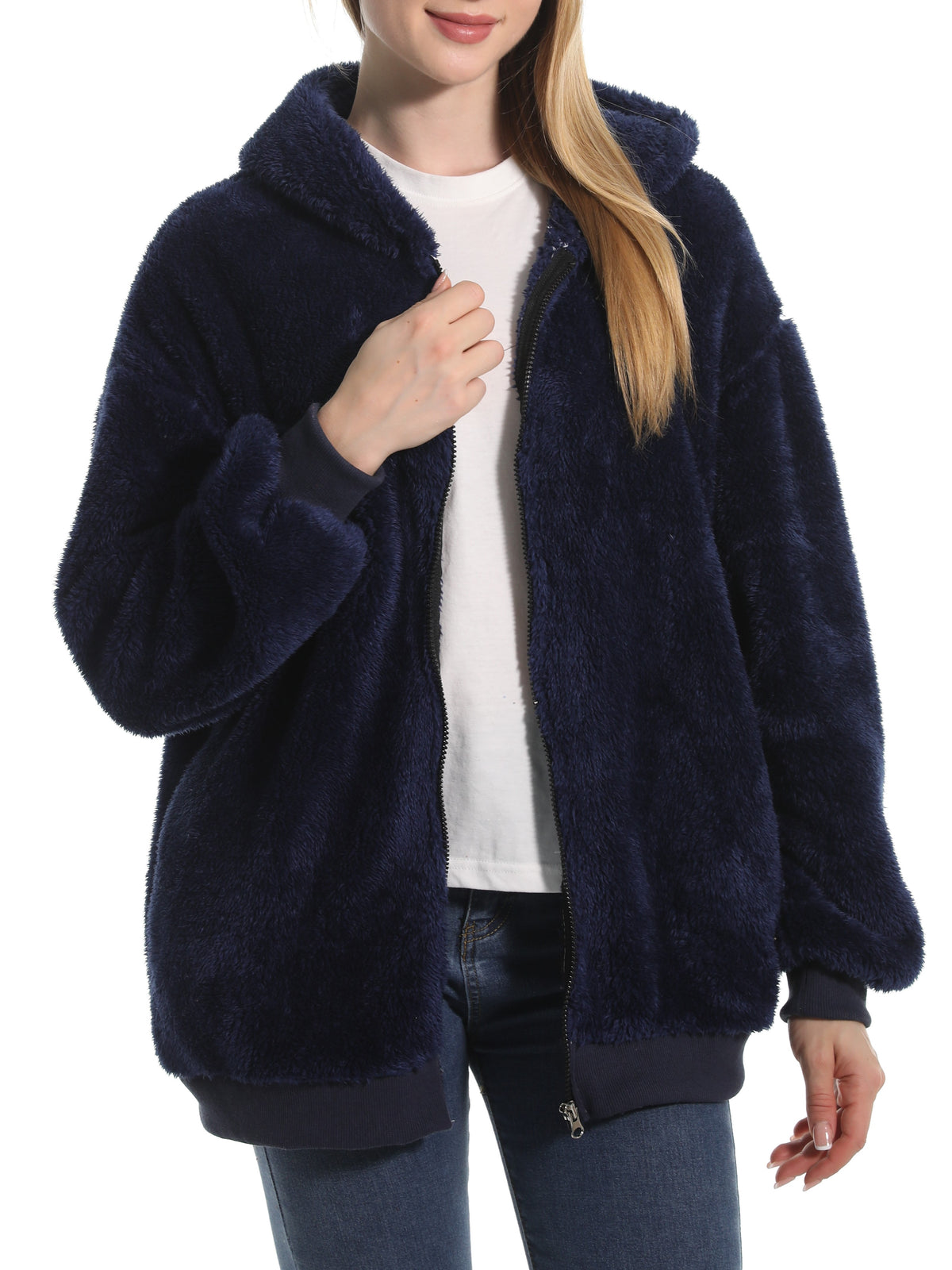 Cozy Teddy Plush Zip Hooded Jacket - Navy