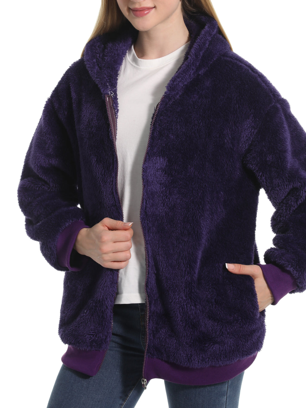 Cozy Teddy Plush Zip Hooded Jacket - Purple
