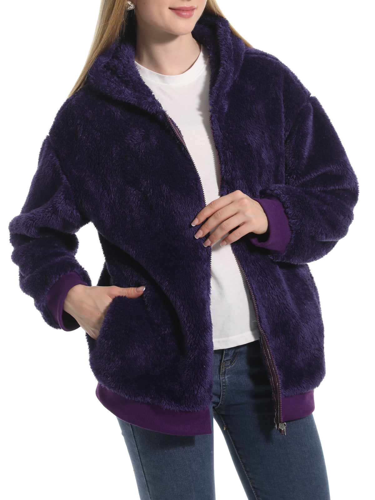 Cozy Teddy Plush Zip Hooded Jacket - Purple - 1