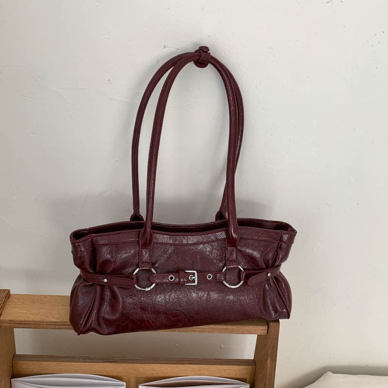 Slouchy Buckle Detail East West Shoulder Bag - Burgundy