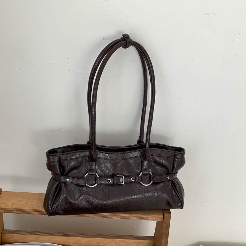 Slouchy Buckle Detail East West Shoulder Bag - Chocolate
