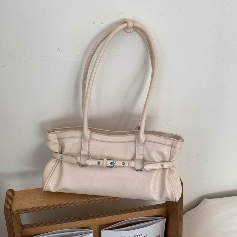 Slouchy Buckle Detail East West Shoulder Bag - Cream