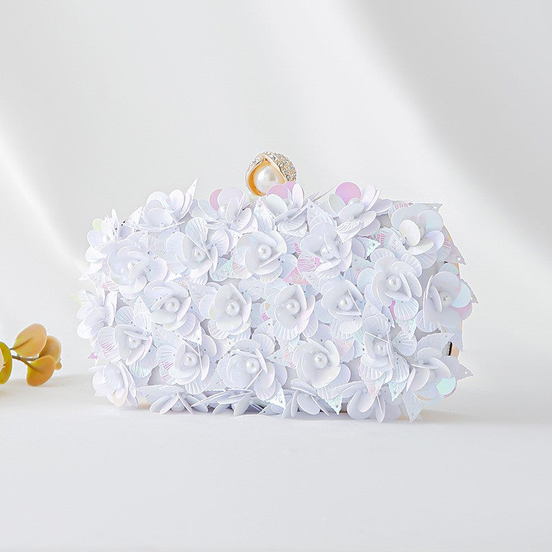 Sequin Flower Box Clutch with Chain Strap - White
