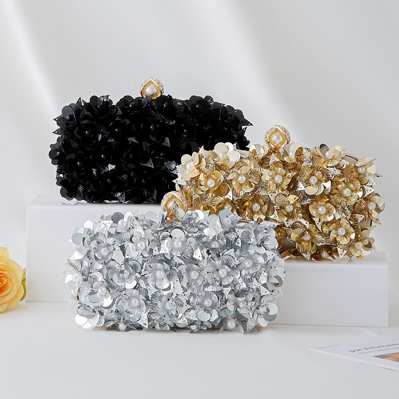 Sequin Flower Box Clutch with Chain Strap