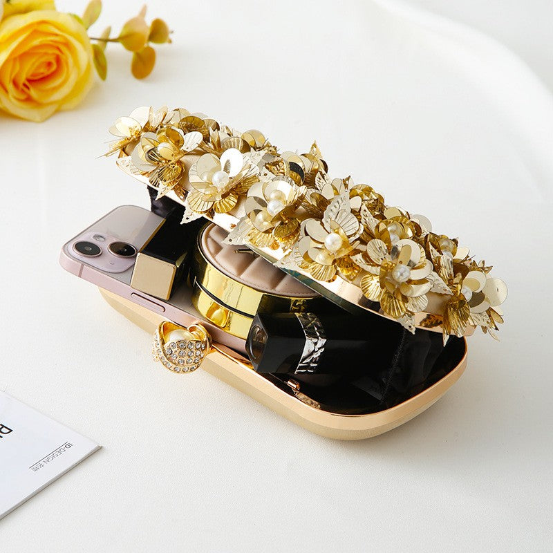 Sequin Flower Box Clutch with Chain Strap