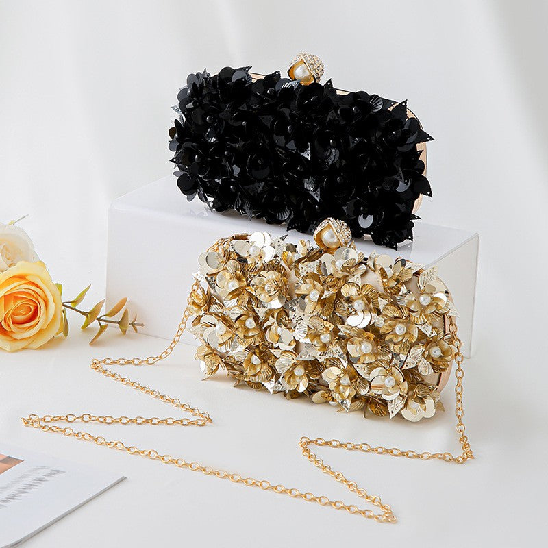 Sequin Flower Box Clutch with Chain Strap